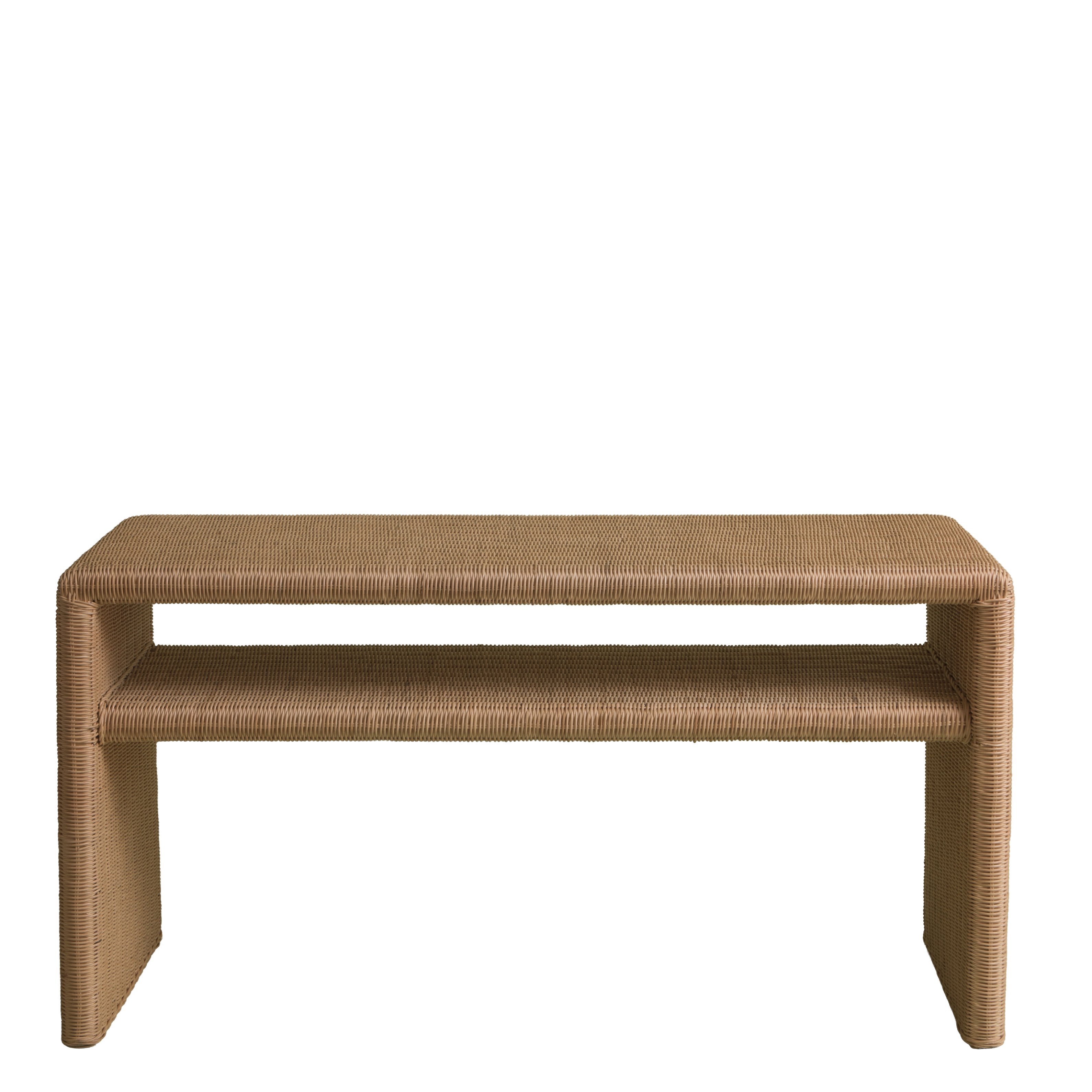 Brown woven coffee table on a white background