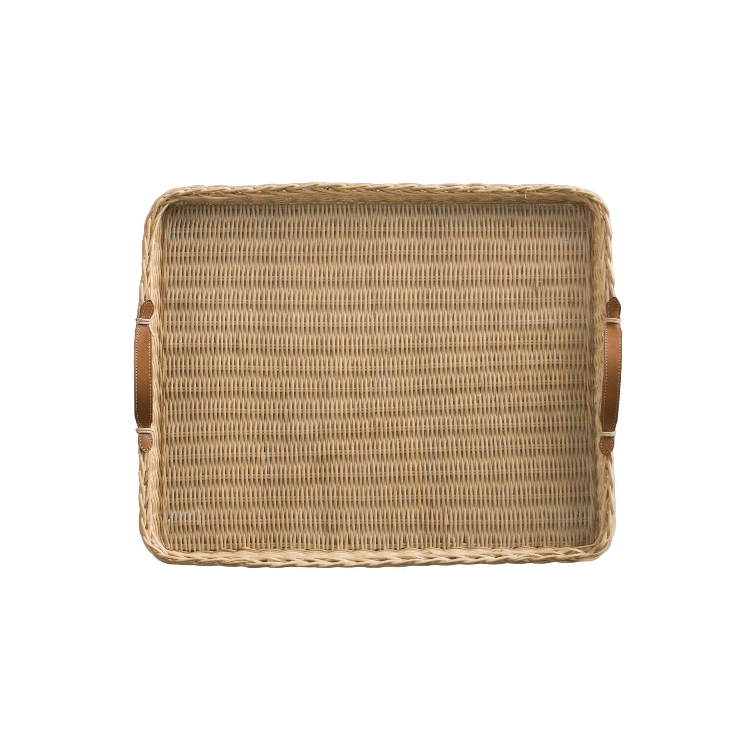 Woven rattan tray with wooden handles on a white background