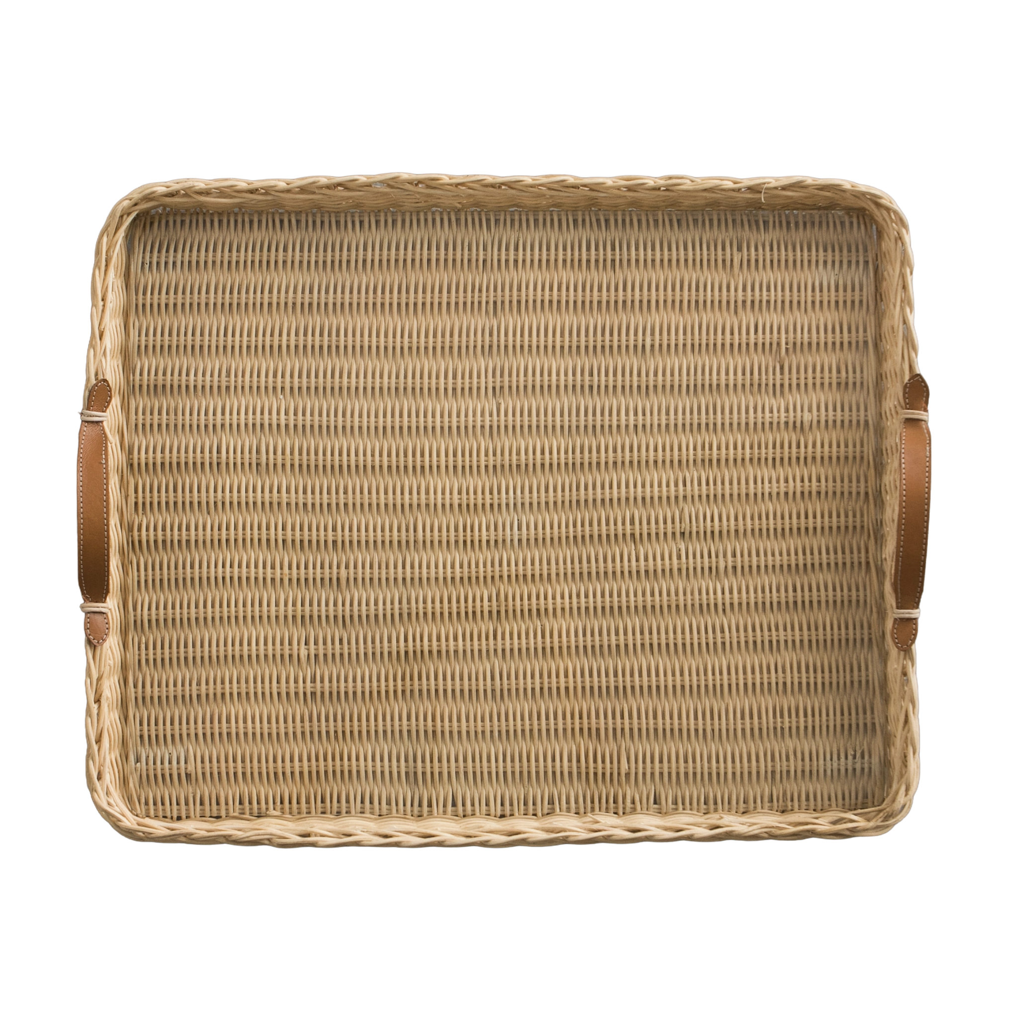 Woven tray with wooden handles on a white background