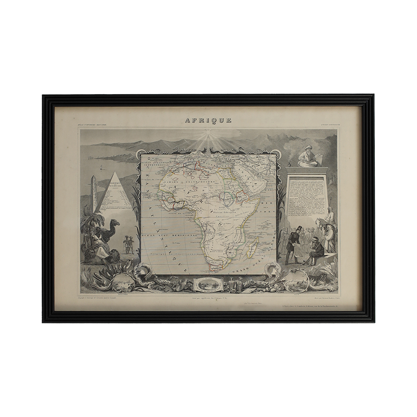 A framed vintage map print of Africa, shown against a plain white background. The print features an antique style with detailed cartography, decorative classical figures, and a black frame.