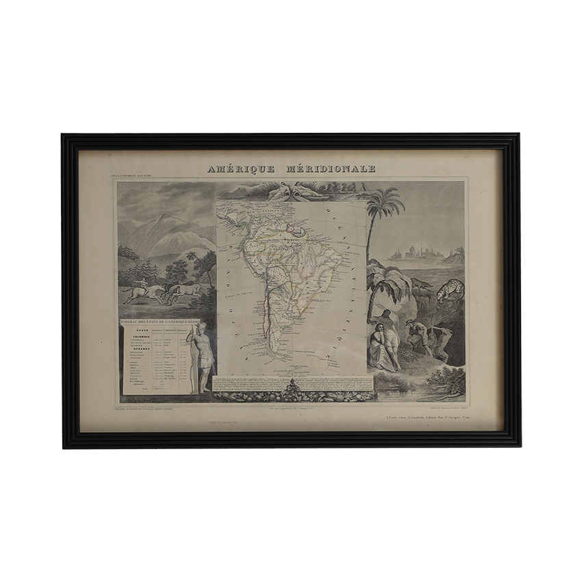 A framed antique map of North America, titled 'AMÉRIQUE MÉRIDIONALE', featuring a central map of South America with surrounding historical illustrations and a black frame on a white background.