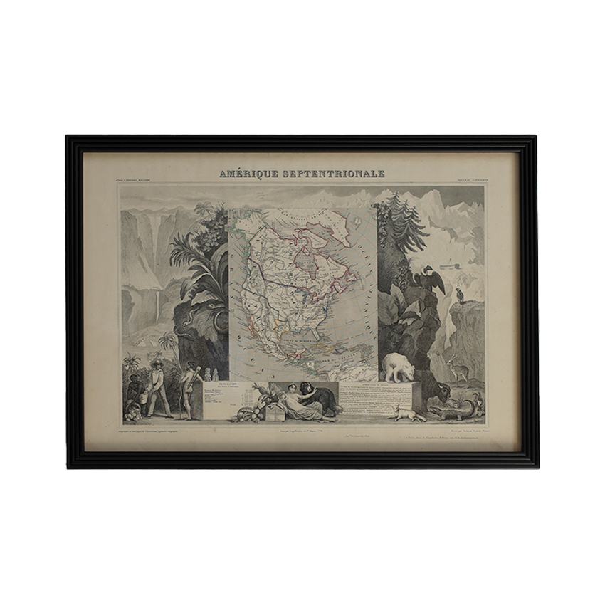A framed vintage map print titled “AMÉRIQUE SEPTENTRIONALE” with a black frame and cream mat, shown against a plain white background.
