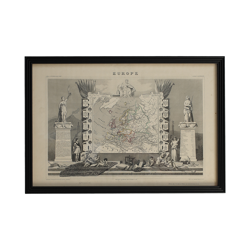 A framed vintage map print of Europe, featuring an antique engraved map with decorative statues, figures, and text, enclosed in a black frame against a white background.
