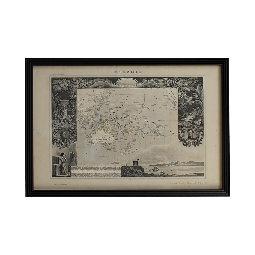 A framed vintage map of Oceania, featuring detailed cartography, decorative floral borders, and small historical illustrations, presented in a black frame against a white background.