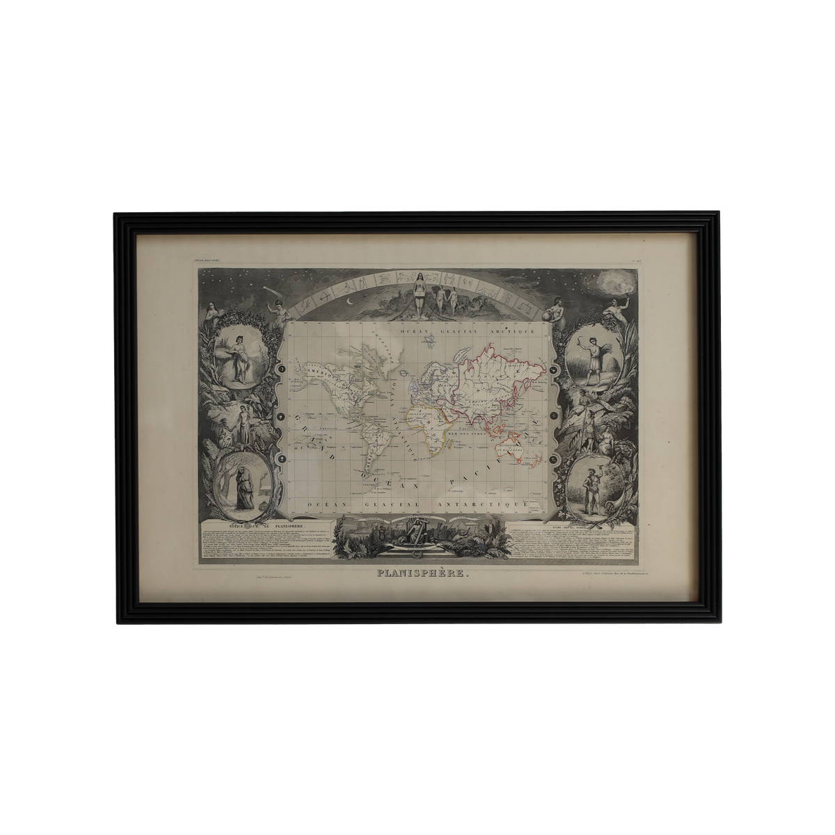 A framed antique world map print with a black frame and cream mat, shown against a plain white background.