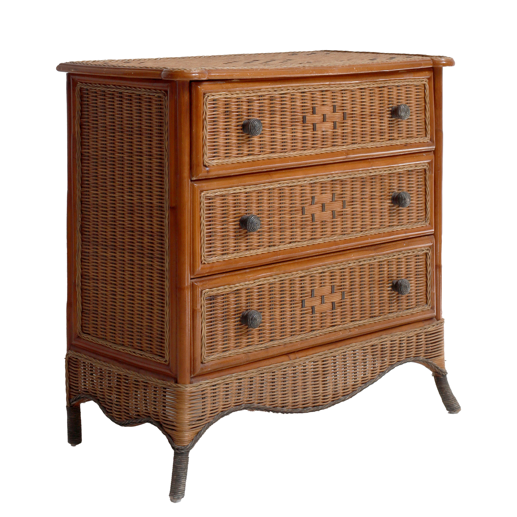 Wicker chest of drawers with four drawers on a white background