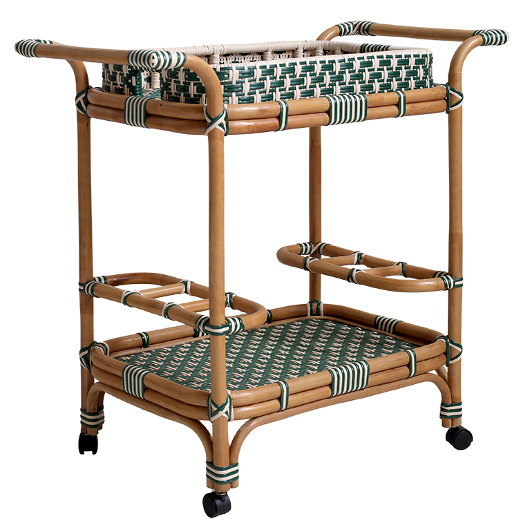 Rattan bar cart with woven top and shelves on a white background