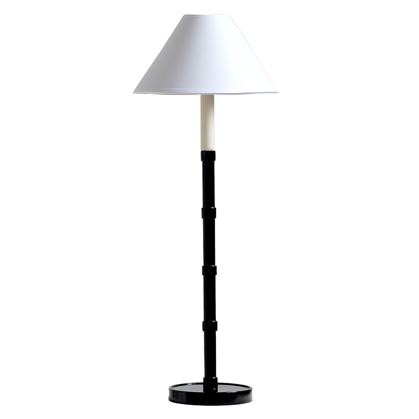 Floor lamp with white shade and black base on a white background