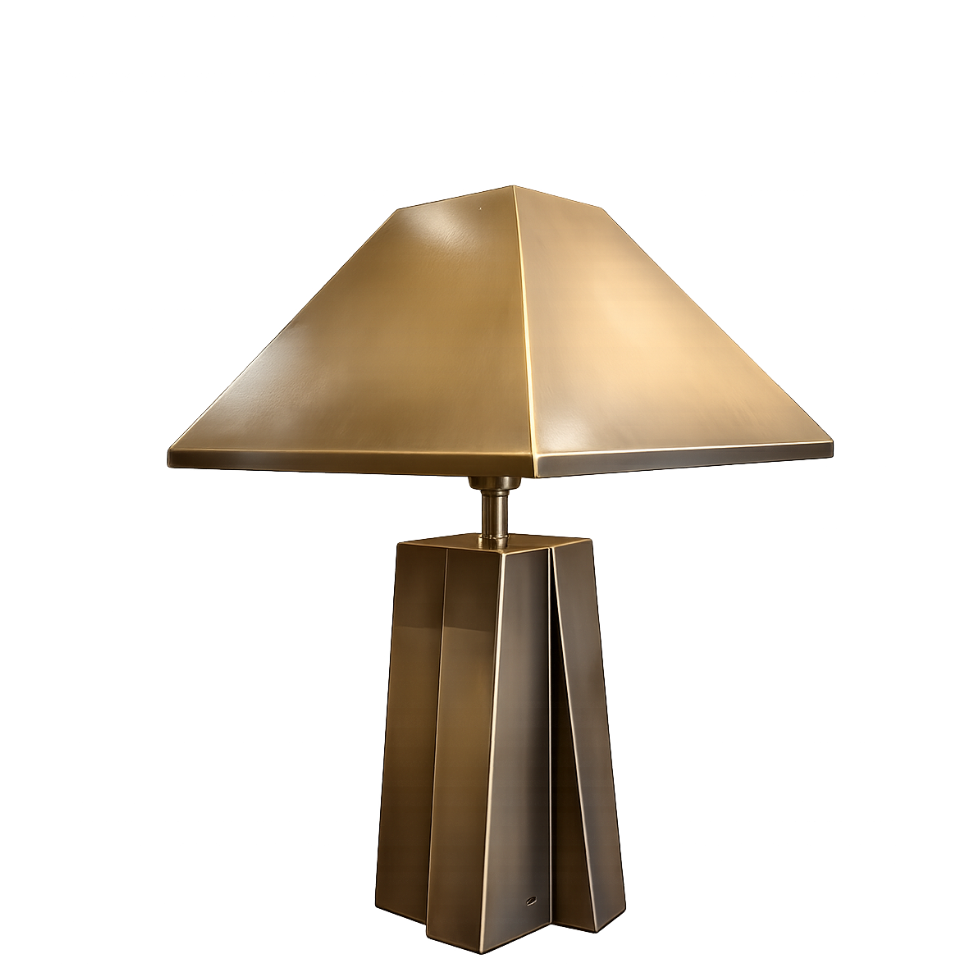 A modern table lamp with a geometric, faceted metallic bronze base and a matching tapered metal shade, shown against a plain white background.