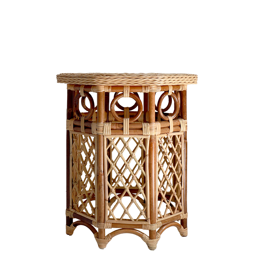 Wicker side table with lattice design on a white background