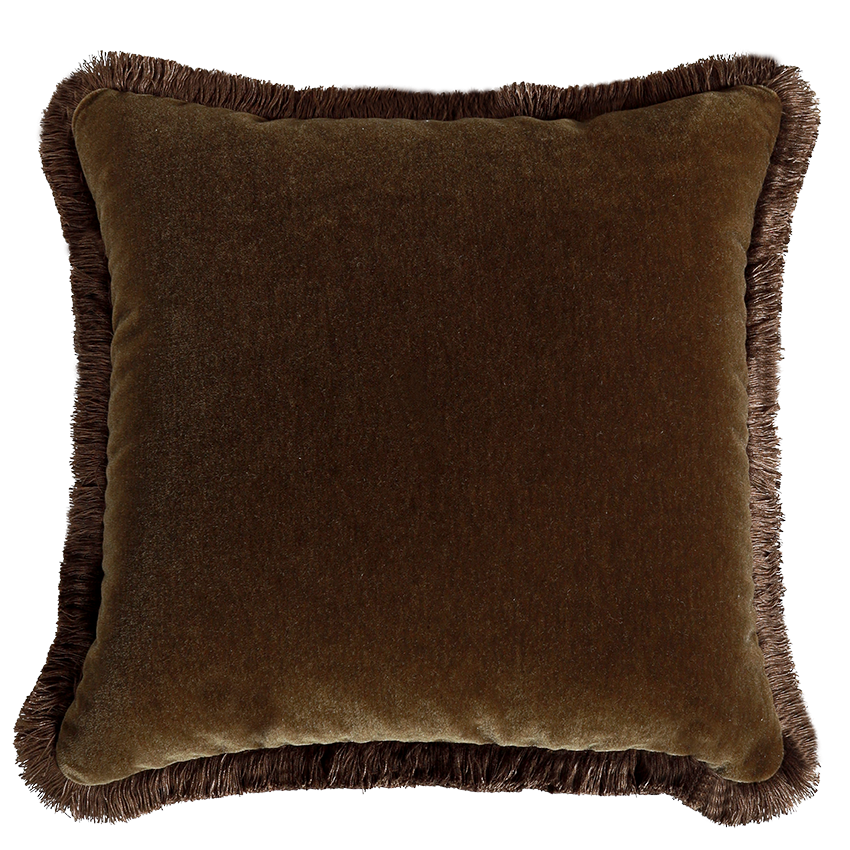 Brown velvet pillow with frayed edges on a white background