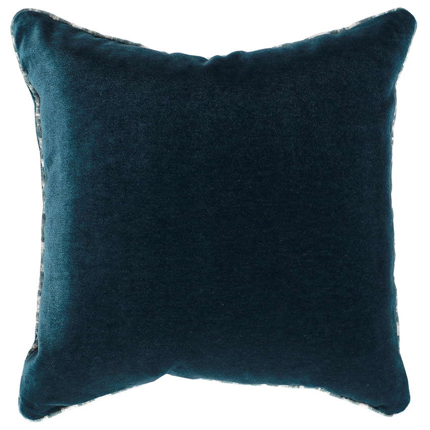 Teal pillow with a textured pattern on a white background
