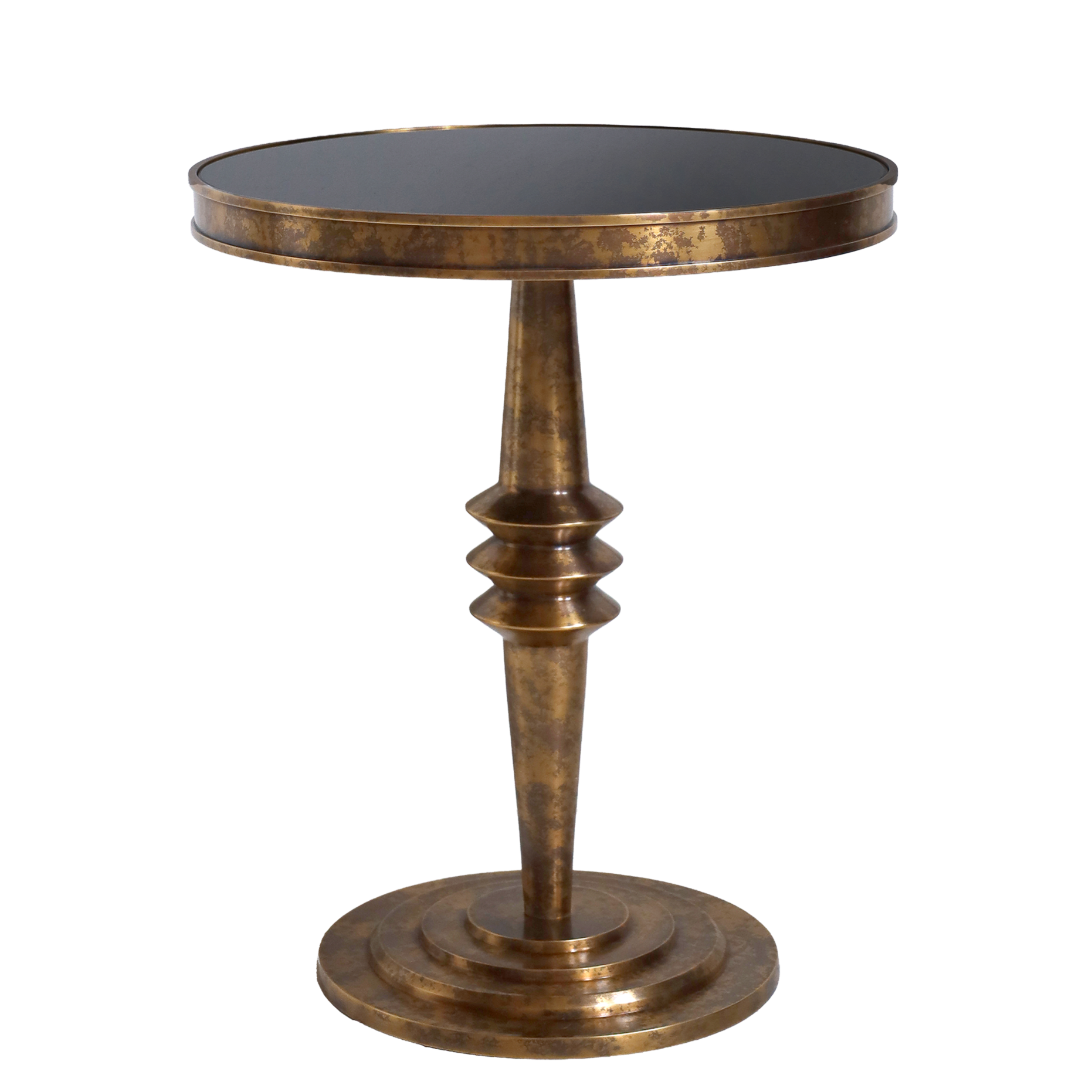 Bronze side table with a black glass top on a white background