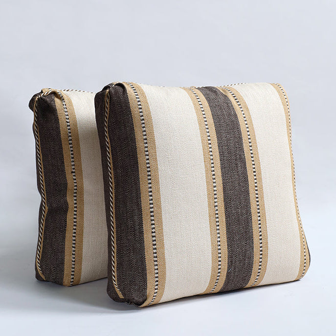Striped fabric pouch with brown and beige stripes on a light gray background
