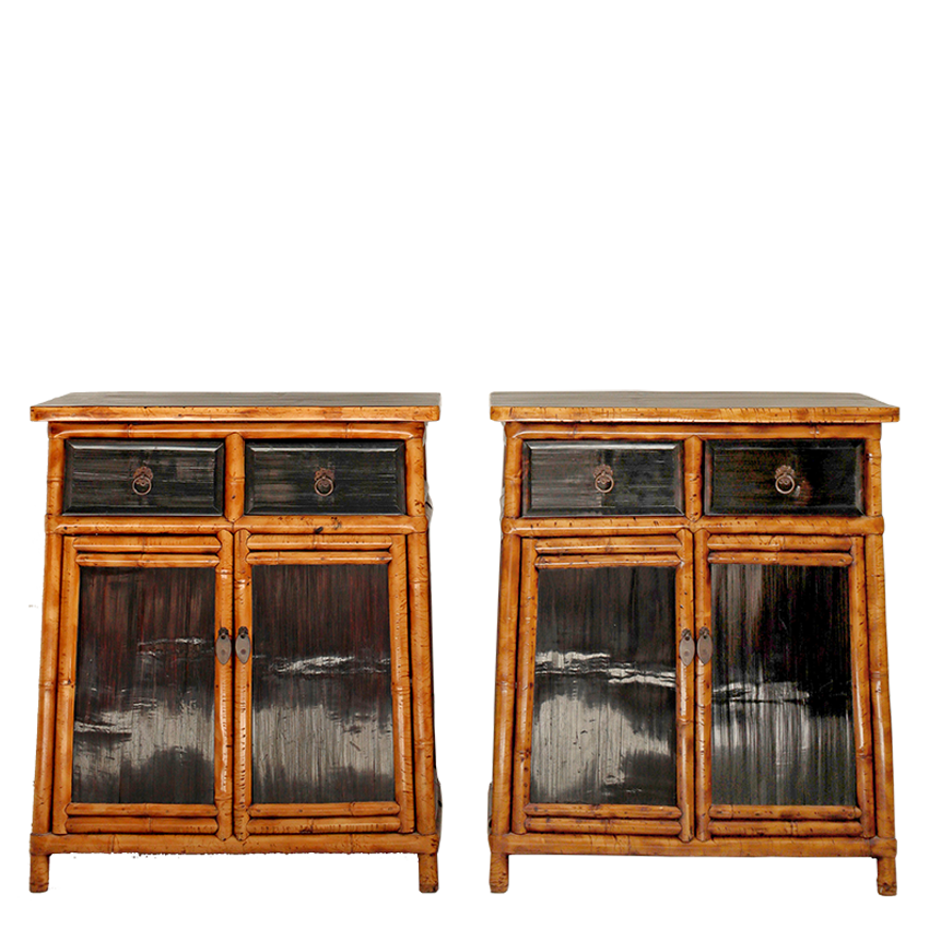 Two wooden cabinets with glass doors on a white background