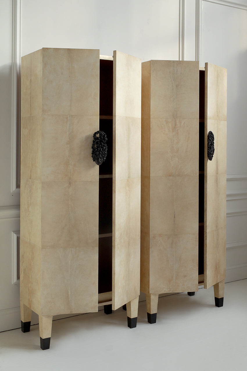 Pair of Vintage Vellum Cabinets with Medusa Handles