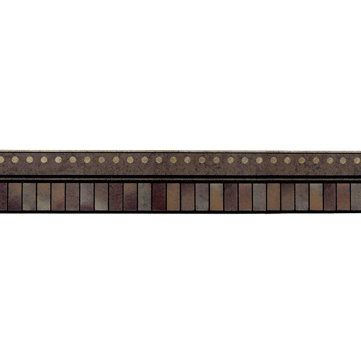 A close-up horizontal view of a decorative border or trim featuring a top band with evenly spaced circular medallions and a lower section made of narrow rectangular panels in mixed earthy tones.