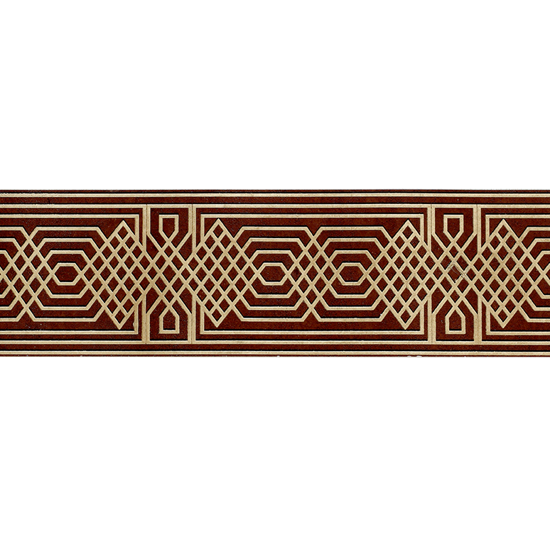 A close-up horizontal view of a decorative border or trim featuring a repeating geometric pattern in dark red and light beige on a white background.