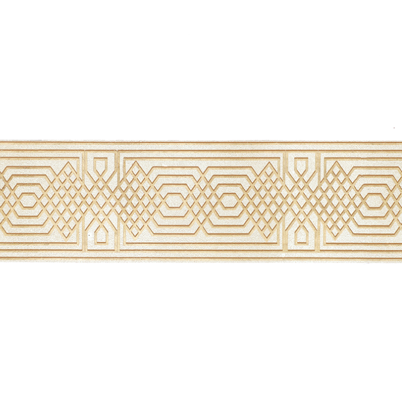 A horizontal strip of light beige wood trim with a geometric Art Deco pattern, shown against a solid white background.