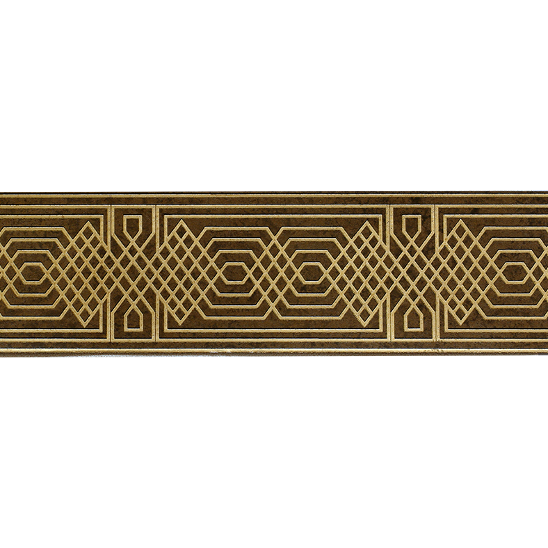 A close-up of a decorative border trim featuring a repeating geometric pattern in metallic gold on a dark brown background, shown against a plain white backdrop.