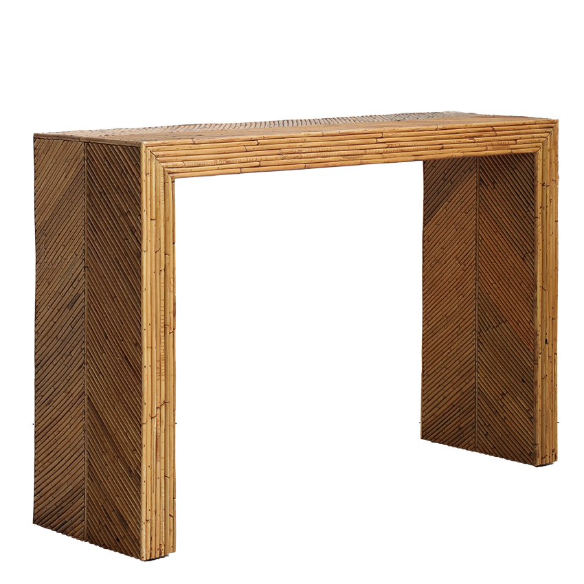 Wooden console table with a chevron pattern on a white background