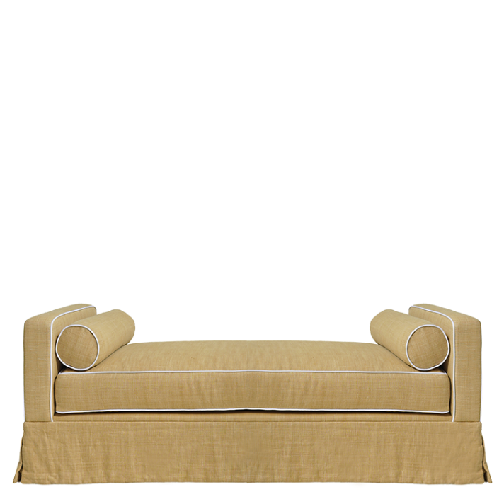 Beige sofa with cylindrical armrests on a white background