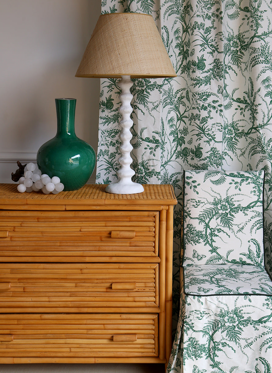 Vignette.Paradiso Paolo&#8217;s Green.Rocky Table Lamp Tall.Genoa Chair Loose Cover.Praia Chest.LR