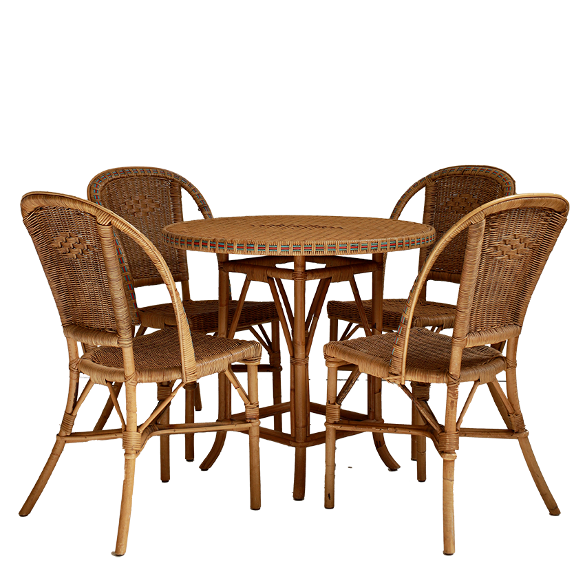 Wicker dining set with a round table and four chairs on a white background