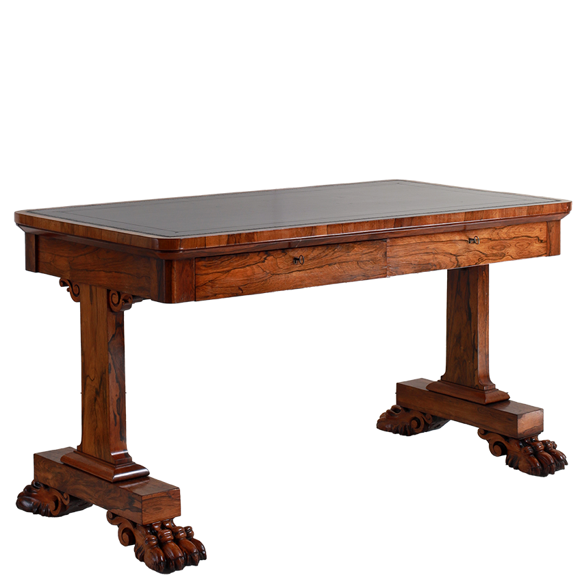 Wooden table with a dark brown finish on a white background
