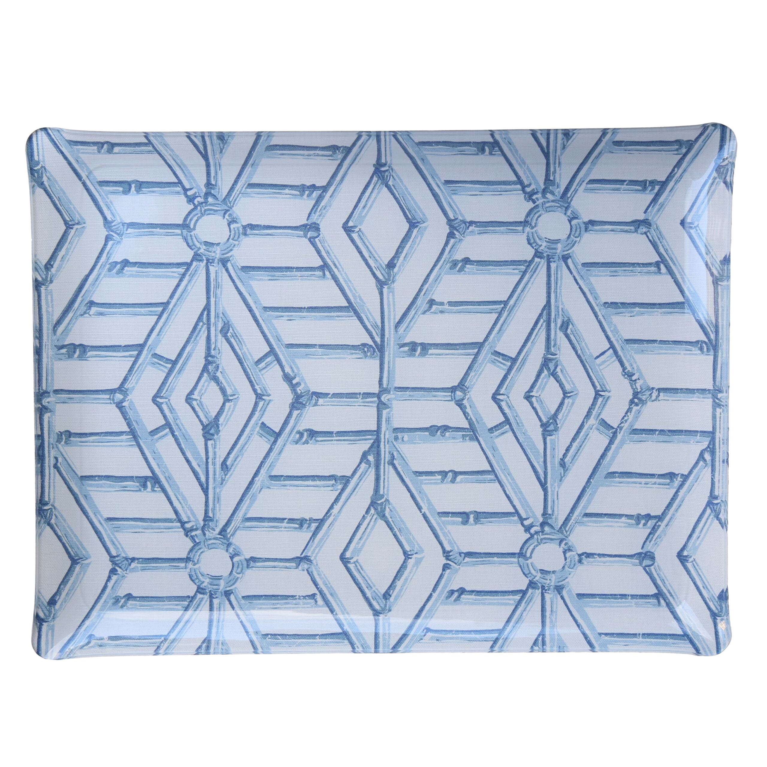 Bamboo Cane Large Tray - Blue on White