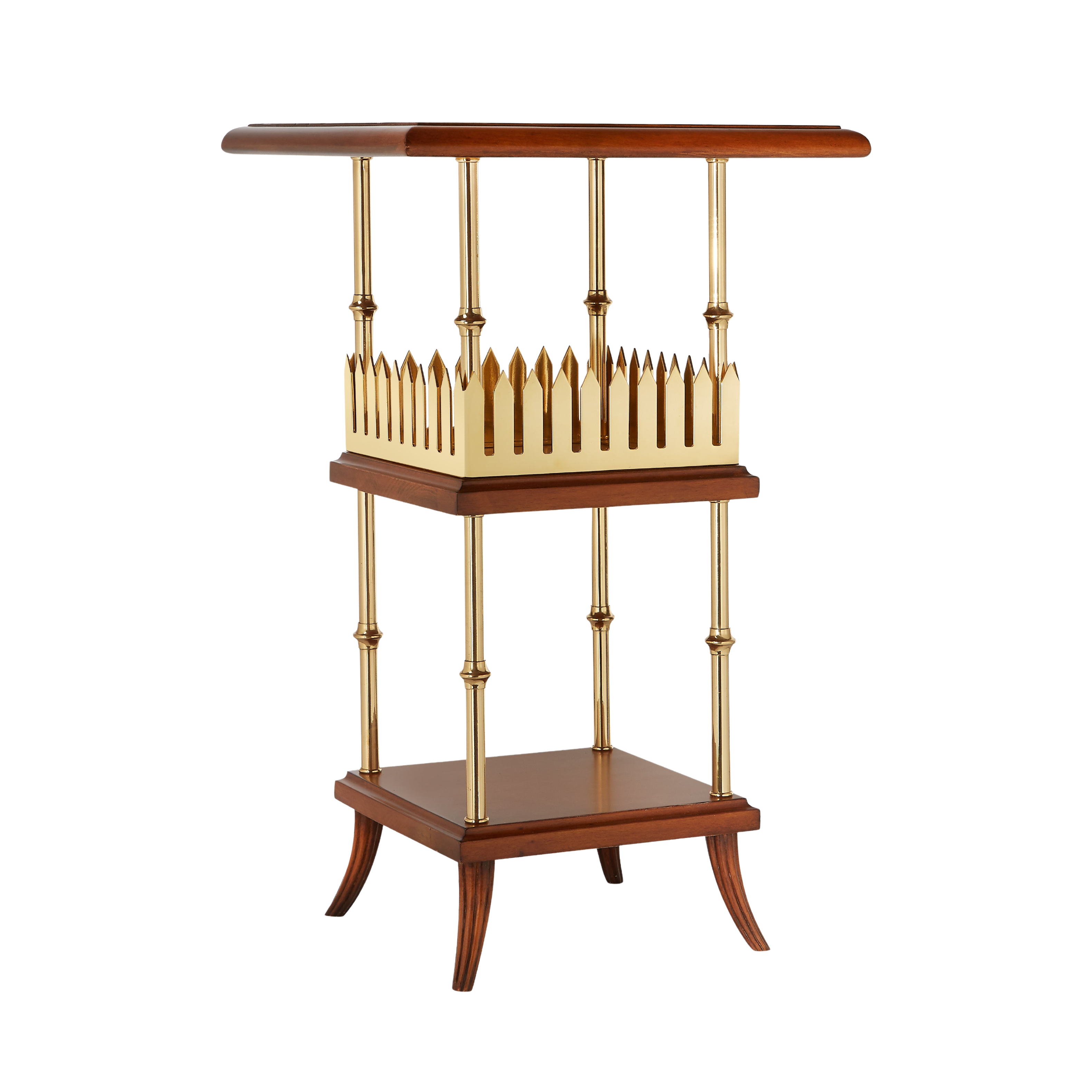 Wooden side table with gold accents on a white background