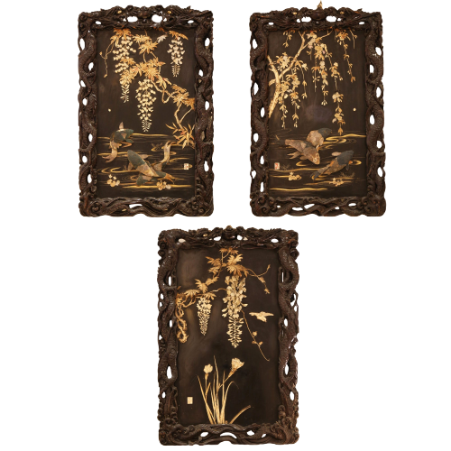 Set of 3 19th Century Chinese Carved Lacquered Panels